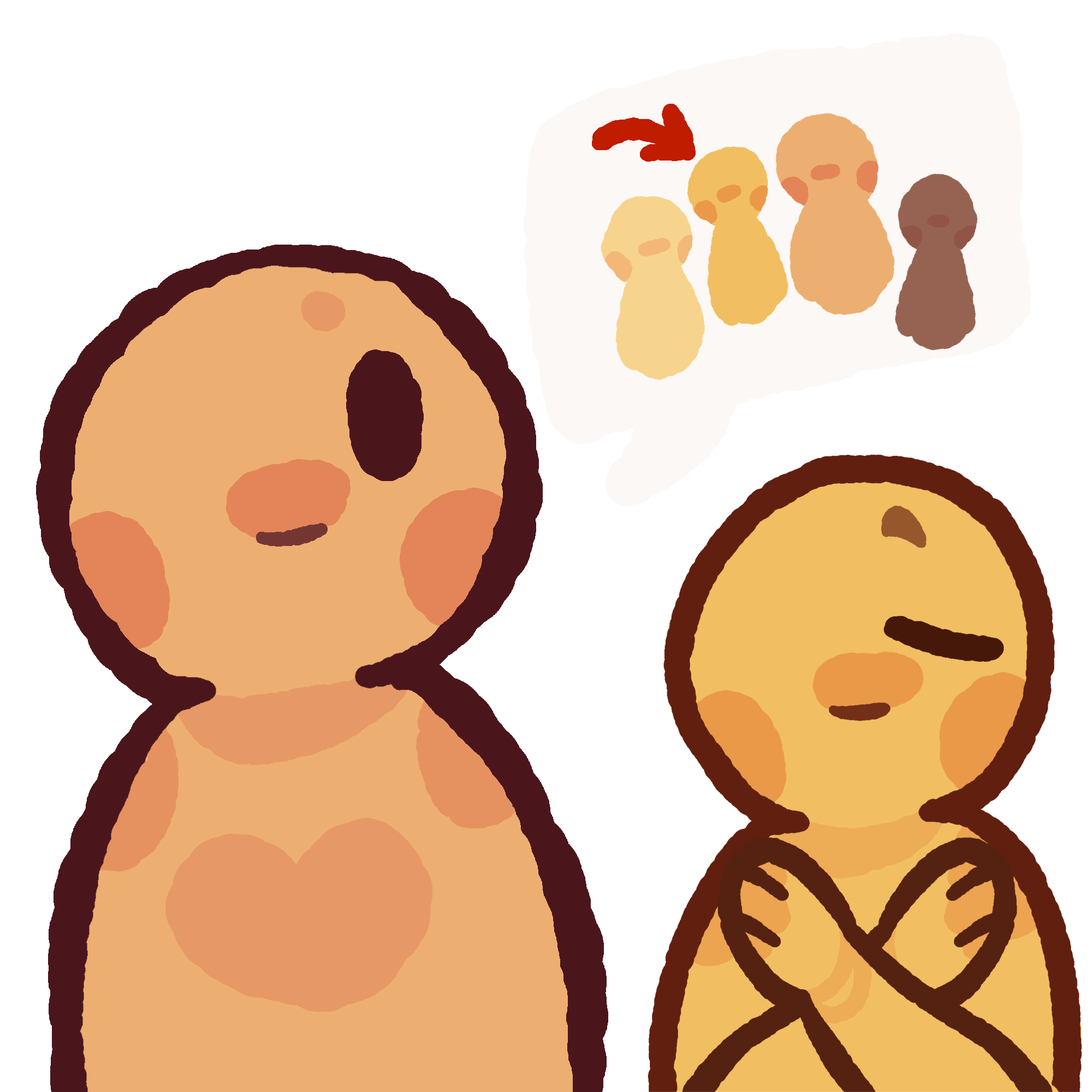 A simple yellow person with a neutral expression, both arms crossed over their chest to make an x. Another simple person is next to them, a speech bubble with four other figures in a group is next to the other person. an arrow is over the figure that is the same color as the main person.